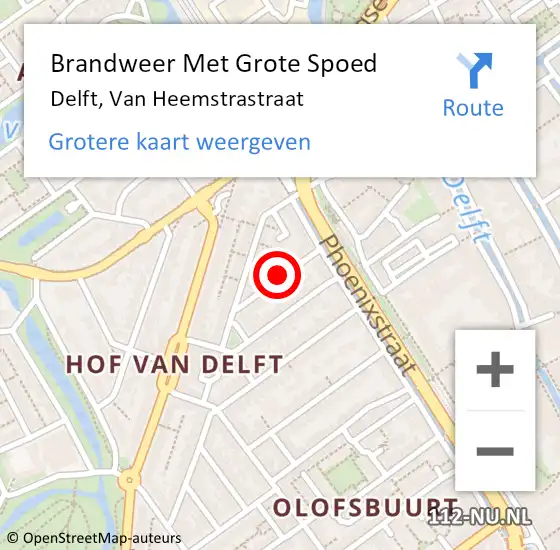 Locatie op kaart van de 112 melding: Brandweer Met Grote Spoed Naar Delft, Van Heemstrastraat op 11 juli 2022 22:05