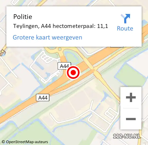 Locatie op kaart van de 112 melding: Politie Teylingen, A44 hectometerpaal: 11,1 op 12 juli 2022 07:12