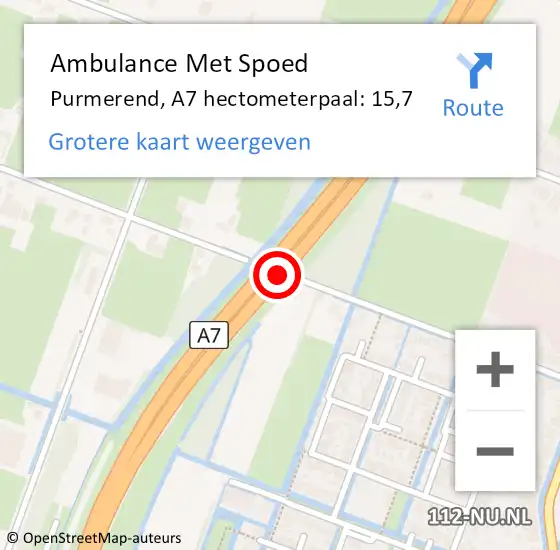 Locatie op kaart van de 112 melding: Ambulance Met Spoed Naar Purmerend, A7 hectometerpaal: 15,7 op 12 juli 2022 07:41