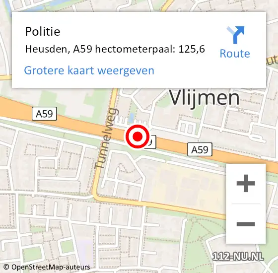 Locatie op kaart van de 112 melding: Politie Heusden, A59 hectometerpaal: 125,6 op 12 juli 2022 07:44