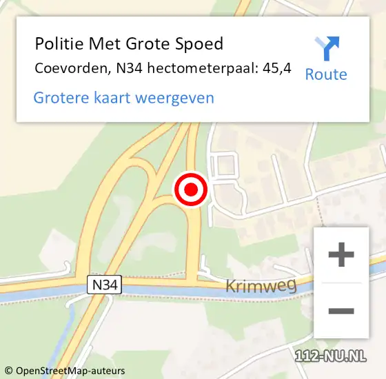 Locatie op kaart van de 112 melding: Politie Met Grote Spoed Naar Coevorden, N34 hectometerpaal: 45,4 op 12 juli 2022 09:44