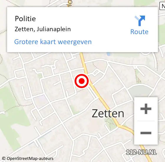 Locatie op kaart van de 112 melding: Politie Zetten, Julianaplein op 12 juli 2022 09:51