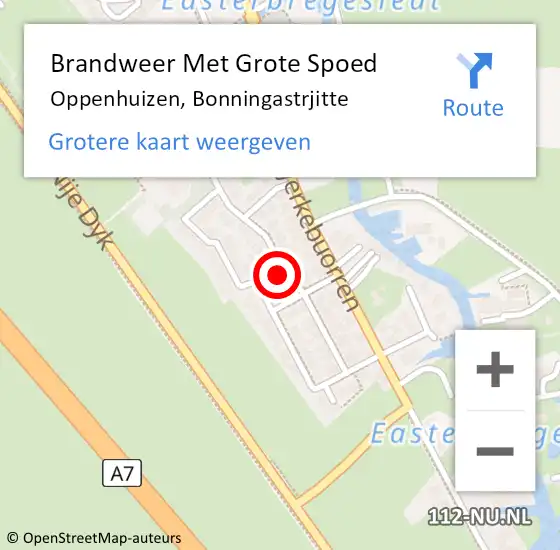 Locatie op kaart van de 112 melding: Brandweer Met Grote Spoed Naar Oppenhuizen, Bonningastrjitte op 12 juli 2022 10:21