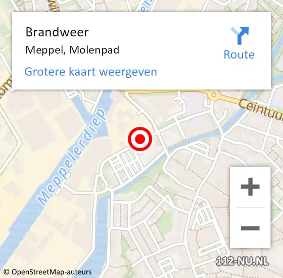 Locatie op kaart van de 112 melding: Brandweer Meppel, Molenpad op 12 juli 2022 11:05