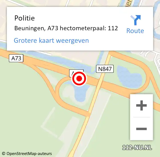 Locatie op kaart van de 112 melding: Politie Beuningen, A73 hectometerpaal: 112 op 12 juli 2022 11:17