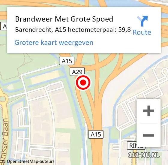 Locatie op kaart van de 112 melding: Brandweer Met Grote Spoed Naar Barendrecht, A15 hectometerpaal: 59,8 op 12 juli 2022 12:02