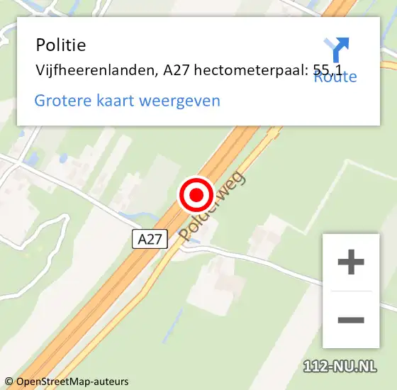 Locatie op kaart van de 112 melding: Politie Vijfheerenlanden, A27 hectometerpaal: 55,1 op 12 juli 2022 14:13