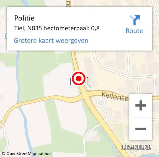 Locatie op kaart van de 112 melding: Politie Tiel, N835 hectometerpaal: 0,8 op 12 juli 2022 14:35