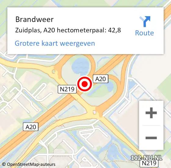 Locatie op kaart van de 112 melding: Brandweer Zuidplas, A20 hectometerpaal: 42,8 op 12 juli 2022 15:25