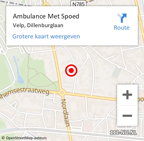 Locatie op kaart van de 112 melding: Ambulance Met Spoed Naar Velp, Dillenburglaan op 12 juli 2022 16:57