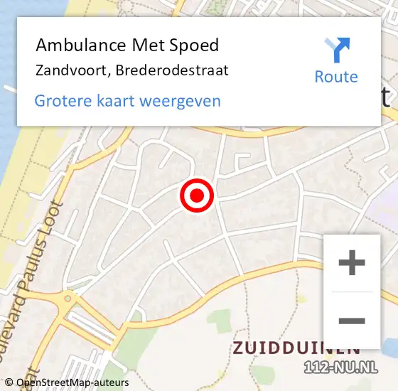 Locatie op kaart van de 112 melding: Ambulance Met Spoed Naar Zandvoort, Brederodestraat op 12 juli 2022 17:56
