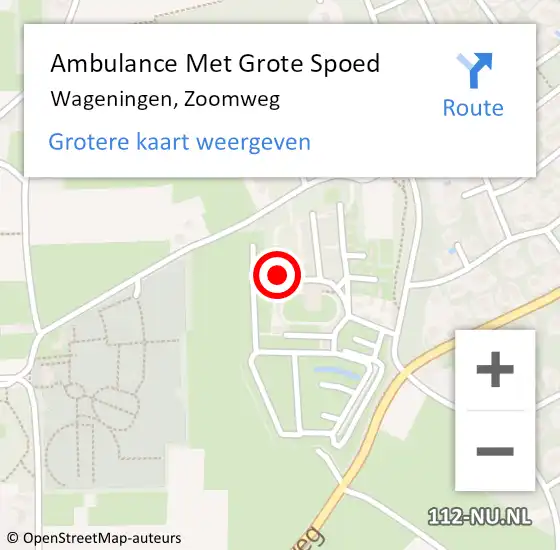 Locatie op kaart van de 112 melding: Ambulance Met Grote Spoed Naar Wageningen, Zoomweg op 12 juli 2022 21:41