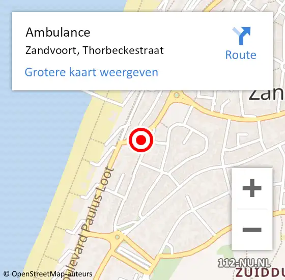 Locatie op kaart van de 112 melding: Ambulance Zandvoort, Thorbeckestraat op 12 juli 2022 23:05