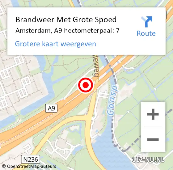 Locatie op kaart van de 112 melding: Brandweer Met Grote Spoed Naar Amsterdam, A9 hectometerpaal: 7 op 12 juli 2022 23:34