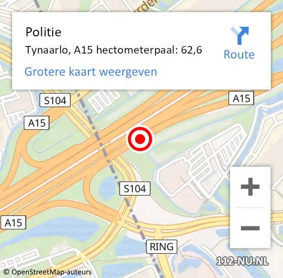 Locatie op kaart van de 112 melding: Politie Tynaarlo, A15 hectometerpaal: 62,6 op 13 juli 2022 10:52