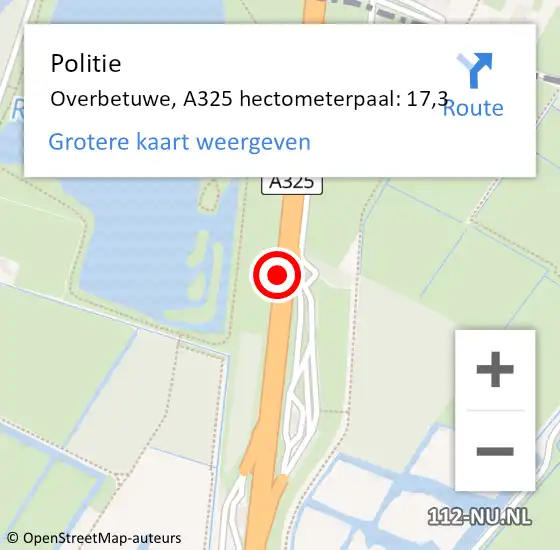 Locatie op kaart van de 112 melding: Politie Overbetuwe, A325 hectometerpaal: 17,3 op 13 juli 2022 12:08
