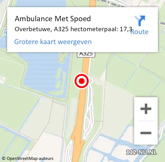 Locatie op kaart van de 112 melding: Ambulance Met Spoed Naar Overbetuwe, A325 hectometerpaal: 17,3 op 13 juli 2022 12:09
