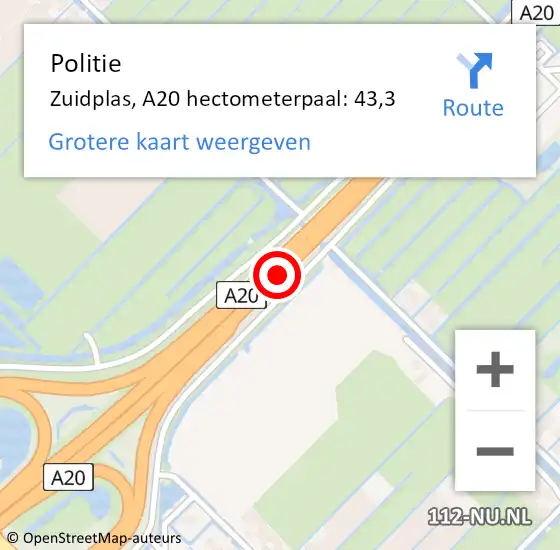 Locatie op kaart van de 112 melding: Politie Zuidplas, A20 hectometerpaal: 43,3 op 13 juli 2022 12:53