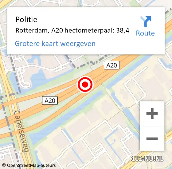 Locatie op kaart van de 112 melding: Politie Rotterdam, A20 hectometerpaal: 38,4 op 13 juli 2022 14:23