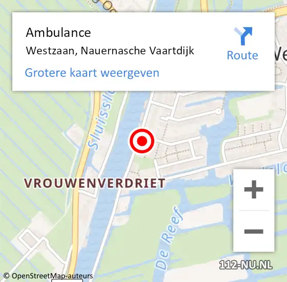 Locatie op kaart van de 112 melding: Ambulance Westzaan, Nauernasche Vaartdijk op 13 juli 2022 14:54