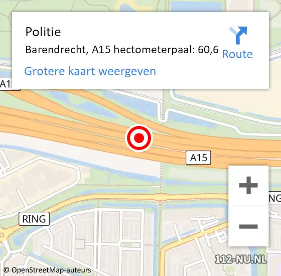 Locatie op kaart van de 112 melding: Politie Barendrecht, A15 hectometerpaal: 60,6 op 13 juli 2022 14:56
