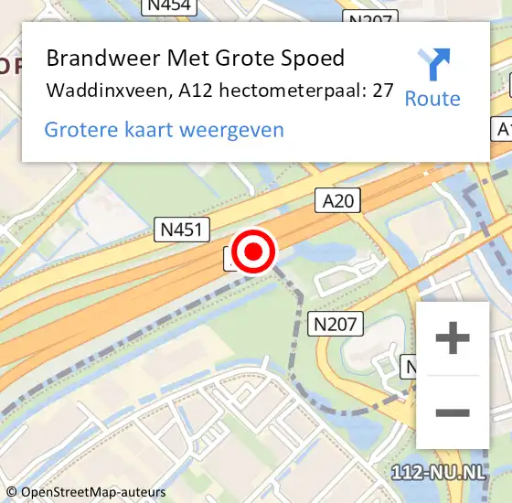 Locatie op kaart van de 112 melding: Brandweer Met Grote Spoed Naar Waddinxveen, A12 hectometerpaal: 27 op 13 juli 2022 16:38