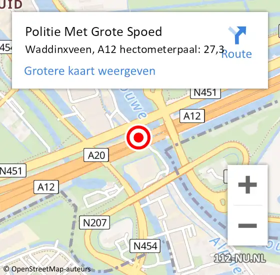 Locatie op kaart van de 112 melding: Politie Met Grote Spoed Naar Waddinxveen, A12 hectometerpaal: 27,3 op 13 juli 2022 16:40