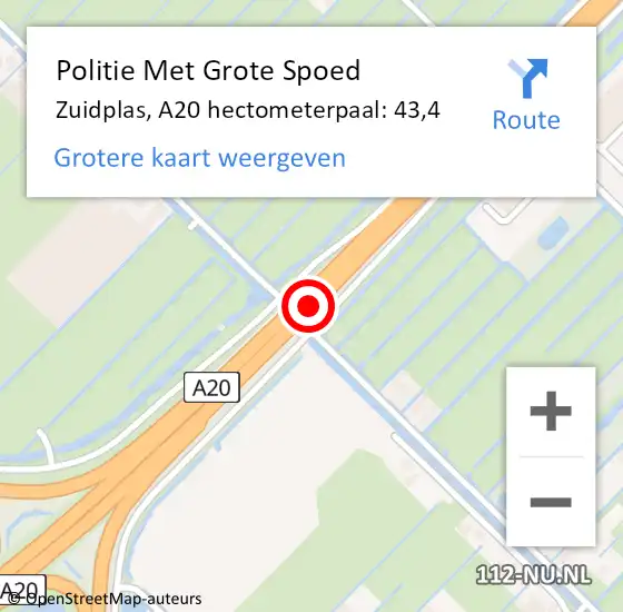 Locatie op kaart van de 112 melding: Politie Met Grote Spoed Naar Zuidplas, A20 hectometerpaal: 43,4 op 13 juli 2022 16:42