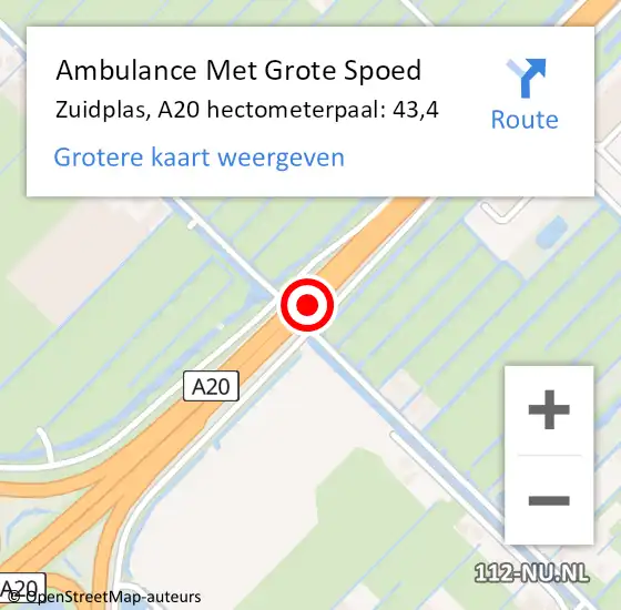 Locatie op kaart van de 112 melding: Ambulance Met Grote Spoed Naar Zuidplas, A20 hectometerpaal: 43,4 op 13 juli 2022 16:45