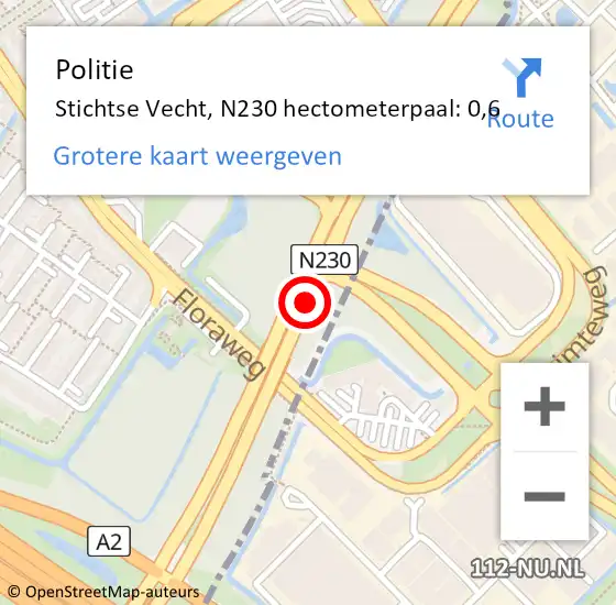 Locatie op kaart van de 112 melding: Politie Stichtse Vecht, N230 hectometerpaal: 0,6 op 13 juli 2022 16:50