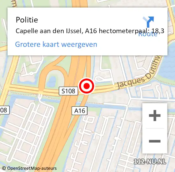 Locatie op kaart van de 112 melding: Politie Rotterdam, A16 hectometerpaal: 18,3 op 13 juli 2022 17:16