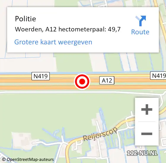 Locatie op kaart van de 112 melding: Politie Woerden, A12 hectometerpaal: 49,7 op 13 juli 2022 17:23