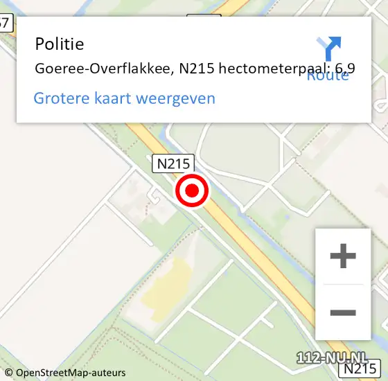 Locatie op kaart van de 112 melding: Politie Goeree-Overflakkee, N215 hectometerpaal: 6,9 op 13 juli 2022 18:18