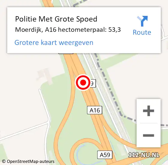 Locatie op kaart van de 112 melding: Politie Met Grote Spoed Naar Moerdijk, A16 hectometerpaal: 53,3 op 13 juli 2022 19:32