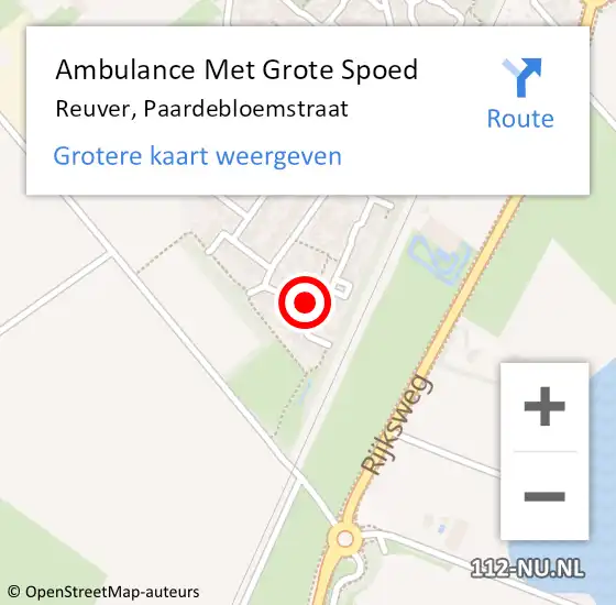 Locatie op kaart van de 112 melding: Ambulance Met Grote Spoed Naar Reuver, Paardebloemstraat op 13 juli 2022 19:57