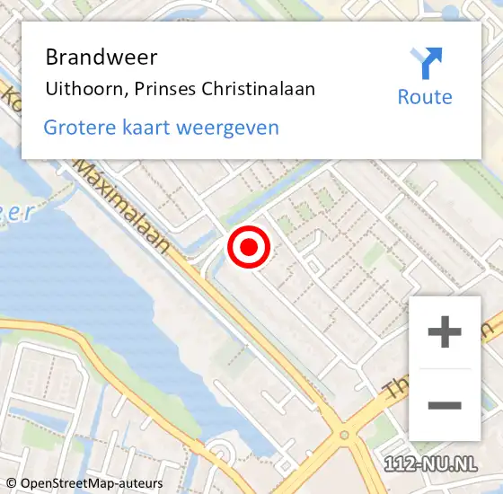 Locatie op kaart van de 112 melding: Brandweer Uithoorn, Prinses Christinalaan op 13 juli 2022 20:11