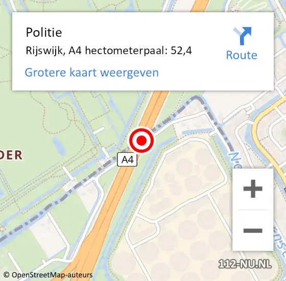 Locatie op kaart van de 112 melding: Politie Rijswijk, A4 hectometerpaal: 52,4 op 13 juli 2022 21:27