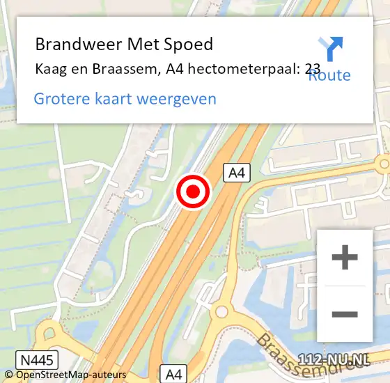 Locatie op kaart van de 112 melding: Brandweer Met Spoed Naar Kaag en Braassem, A4 hectometerpaal: 23 op 14 juli 2022 05:19