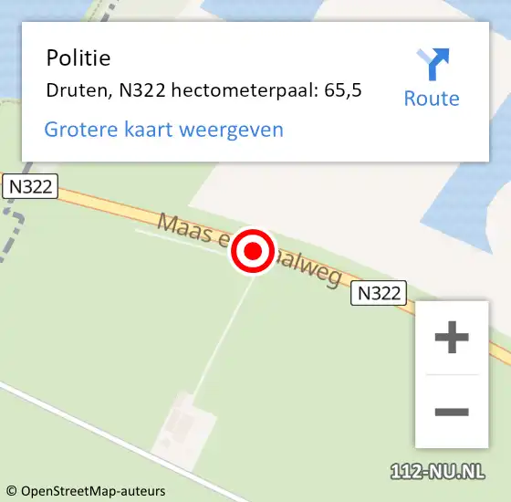 Locatie op kaart van de 112 melding: Politie Druten, N322 hectometerpaal: 65,5 op 14 juli 2022 05:35