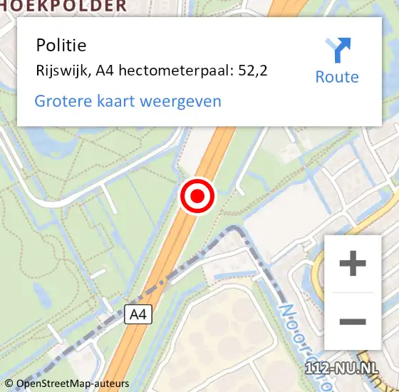 Locatie op kaart van de 112 melding: Politie Rijswijk, A4 hectometerpaal: 52,2 op 14 juli 2022 08:17