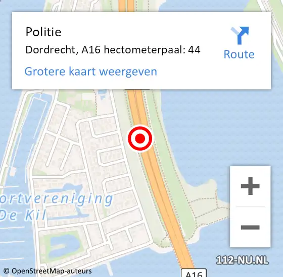 Locatie op kaart van de 112 melding: Politie Dordrecht, A16 hectometerpaal: 44 op 14 juli 2022 08:39