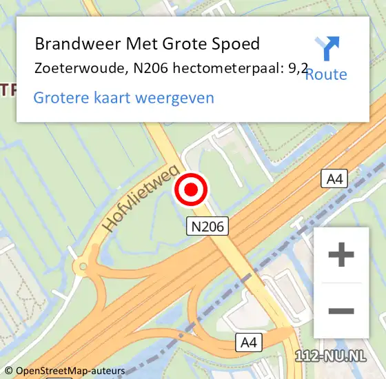 Locatie op kaart van de 112 melding: Brandweer Met Grote Spoed Naar Zoeterwoude, N206 hectometerpaal: 9,2 op 14 juli 2022 11:00