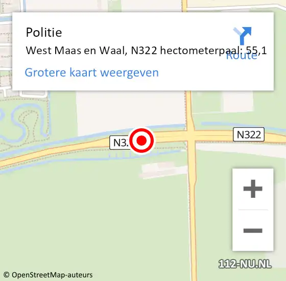 Locatie op kaart van de 112 melding: Politie West Maas en Waal, N322 hectometerpaal: 55,1 op 14 juli 2022 12:19