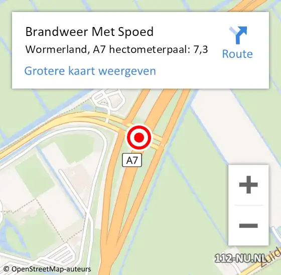 Locatie op kaart van de 112 melding: Brandweer Met Spoed Naar Wormerland, A7 hectometerpaal: 7,3 op 14 juli 2022 14:59