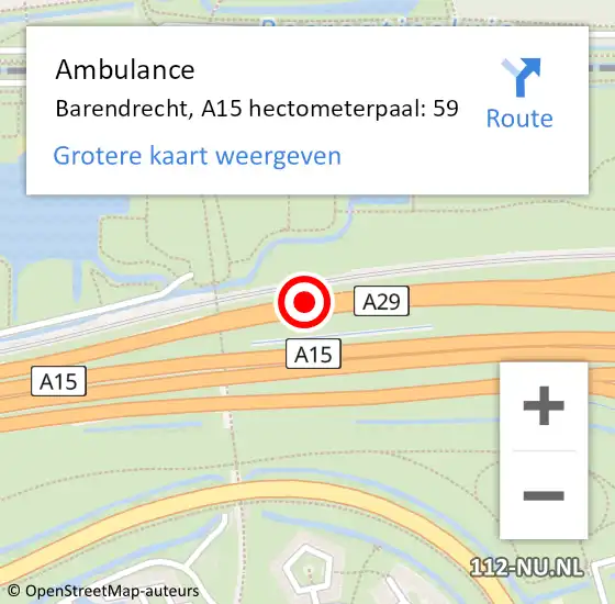 Locatie op kaart van de 112 melding: Ambulance Barendrecht, A15 hectometerpaal: 59 op 14 juli 2022 15:28