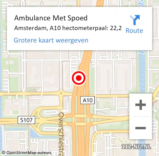 Locatie op kaart van de 112 melding: Ambulance Met Spoed Naar Amsterdam, A10 hectometerpaal: 22,2 op 14 juli 2022 15:41
