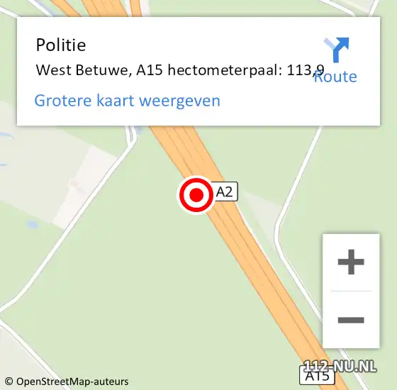 Locatie op kaart van de 112 melding: Politie West Betuwe, A15 hectometerpaal: 113,9 op 14 juli 2022 16:26