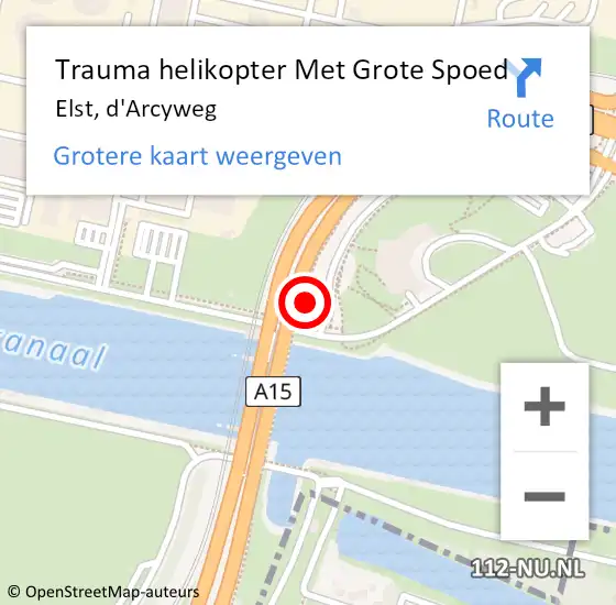 Locatie op kaart van de 112 melding: Trauma helikopter Met Grote Spoed Naar Elst, d'Arcyweg op 14 juli 2022 16:32