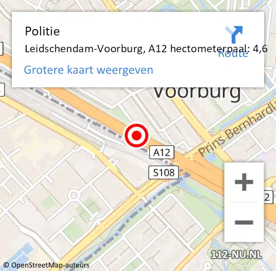 Locatie op kaart van de 112 melding: Politie Den Haag, A12 hectometerpaal: 4,6 op 14 juli 2022 16:35