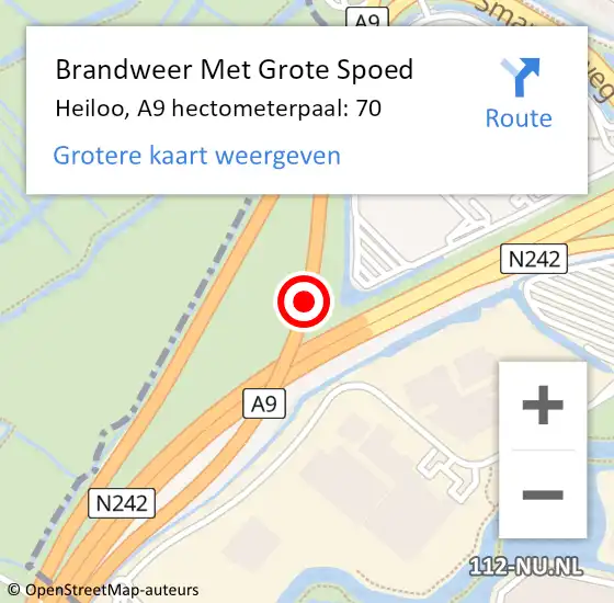 Locatie op kaart van de 112 melding: Brandweer Met Grote Spoed Naar Heiloo, A9 hectometerpaal: 70 op 14 juli 2022 18:10